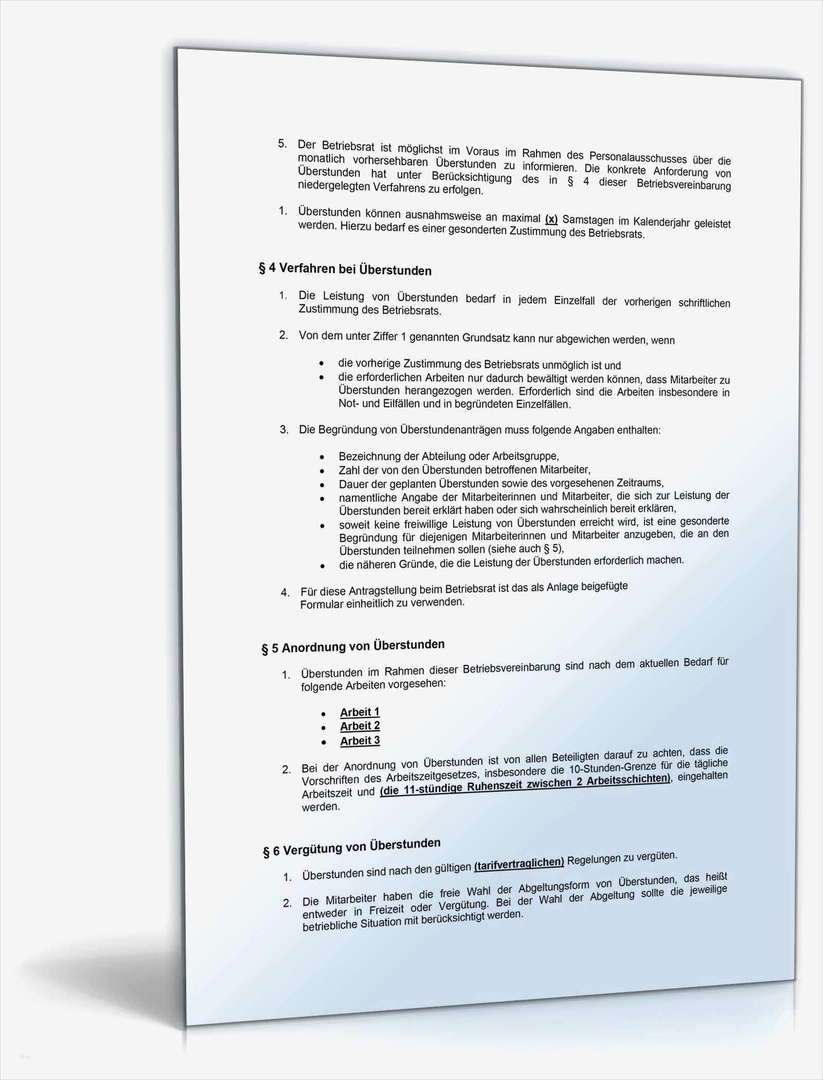 Vereinbarung überstunden Vorlage Neu Betriebsvereinbarung Verlängerte Arbeitszeit Muster