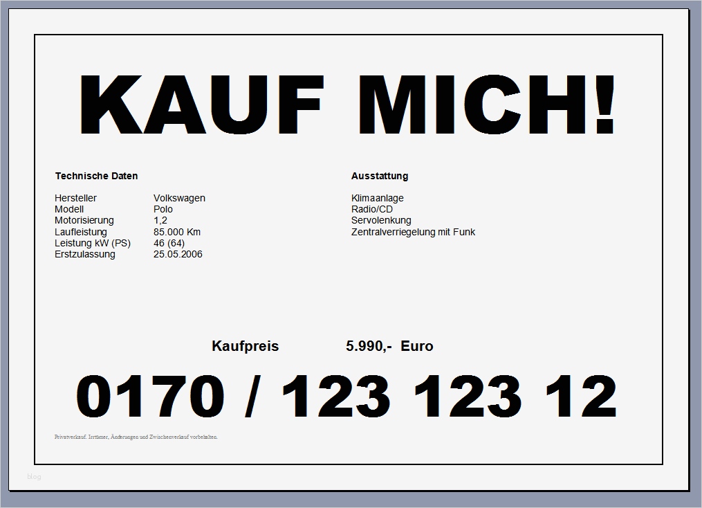 Verkaufsschild Pkw Vorlage Luxus Gratis Kfz Preisschild Fürs Auto Word Datei