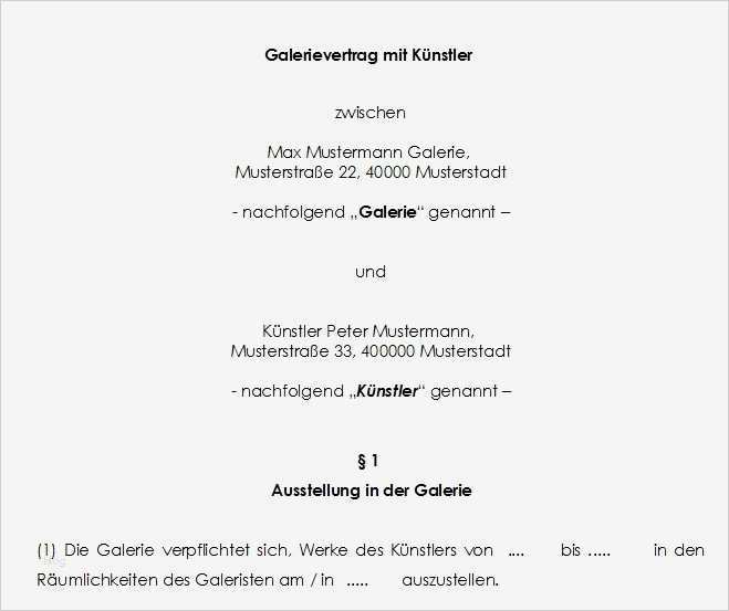 Vertrag Künstler Vorlage Schön Galerievertrag Mit Künstler
