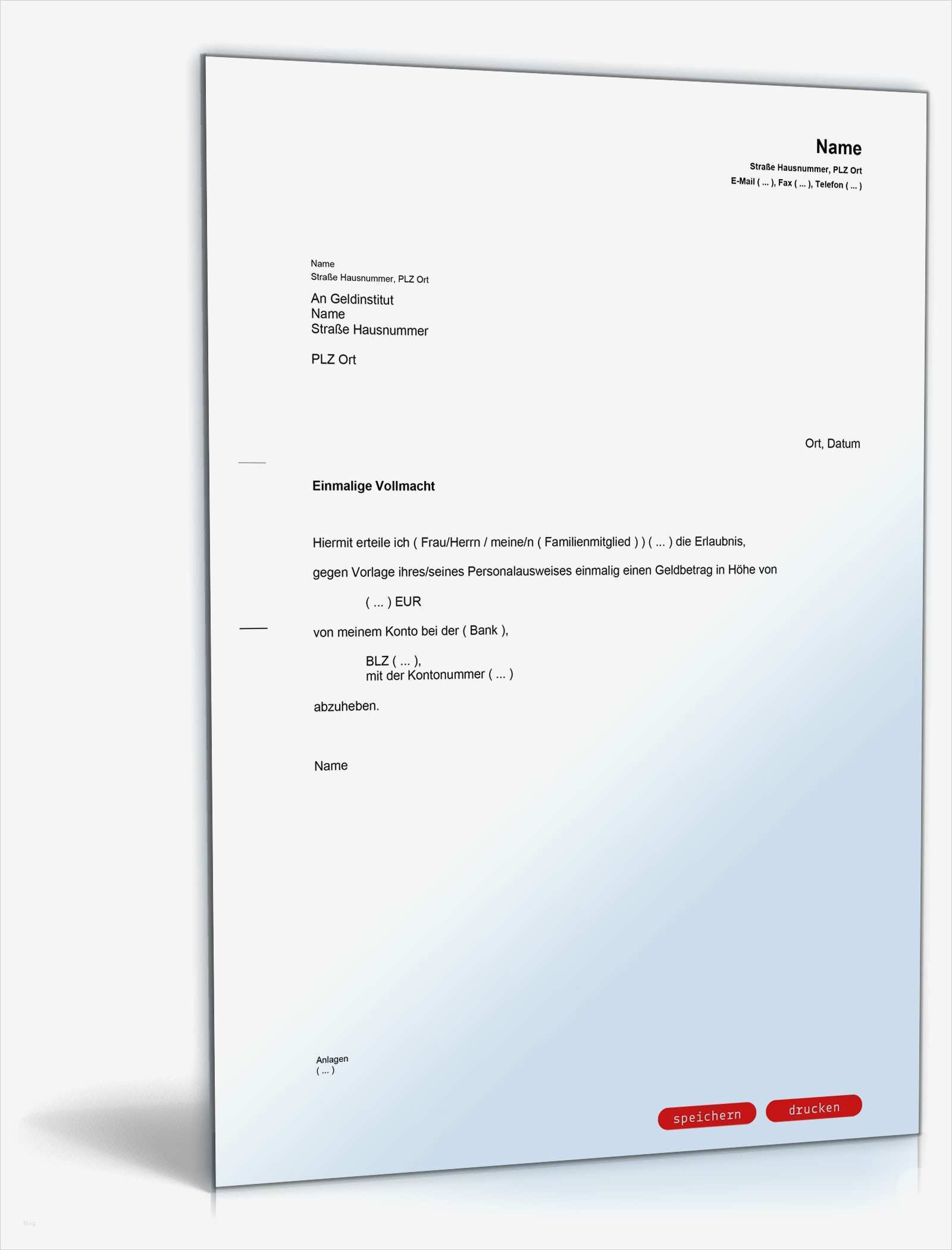 Vollmacht Bankkonto Vorlage Erstaunlich Einmalige Bankvollmacht