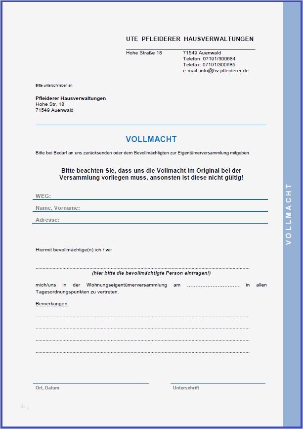 Vollmacht Hausverwaltung Vorlage Neu formulare Pfleiderer Hausverwaltungen