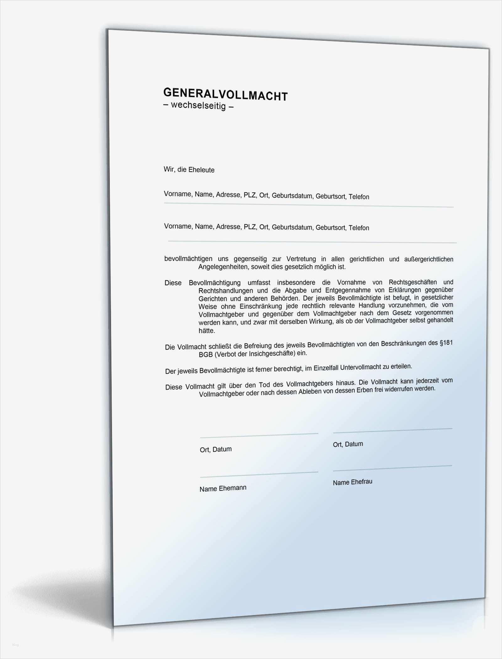 Vollmacht Vorlage Word Kostenlos Genial Generalvollmacht Eheleute