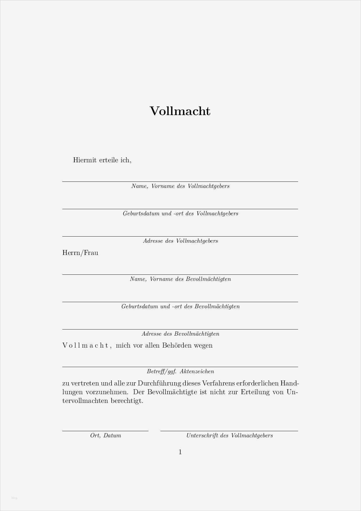 Vollmacht Vorlage Word Kostenlos Neu Muster Vollmacht Page 001