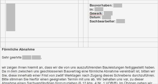Vorlage Abnahmeprotokoll Bauleistung Beste Förmliches Abnahmeverlangen Bau sofort Download