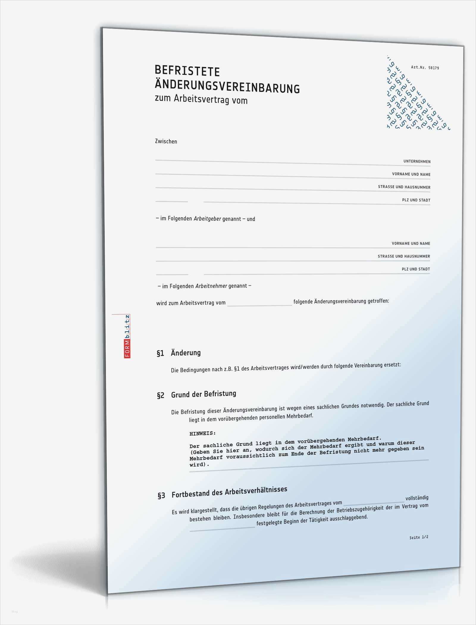 Vorlage änderung Arbeitsvertrag Luxus Befristete Änderungsvereinbarung