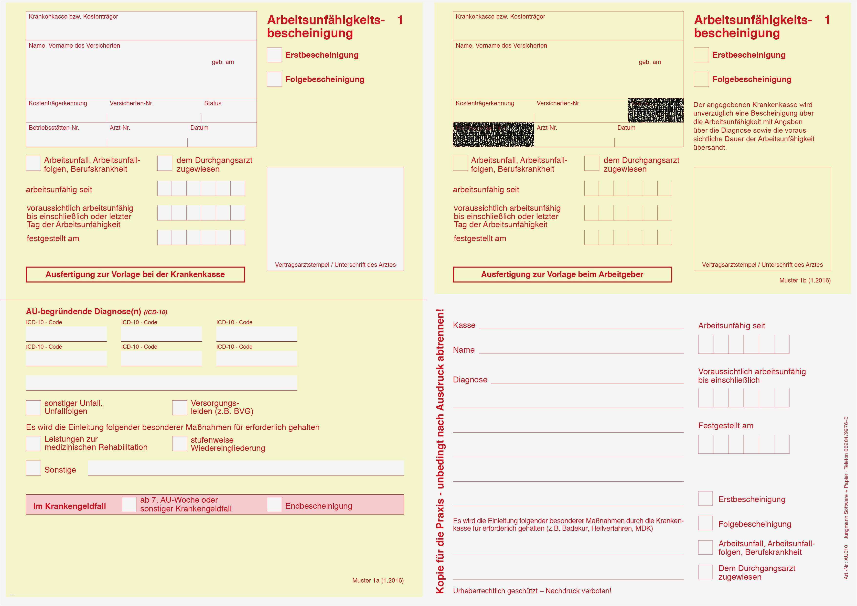 Vorlage Arbeitsunfähigkeitsbescheinigung Krankenkasse Cool Jungmann software Papier
