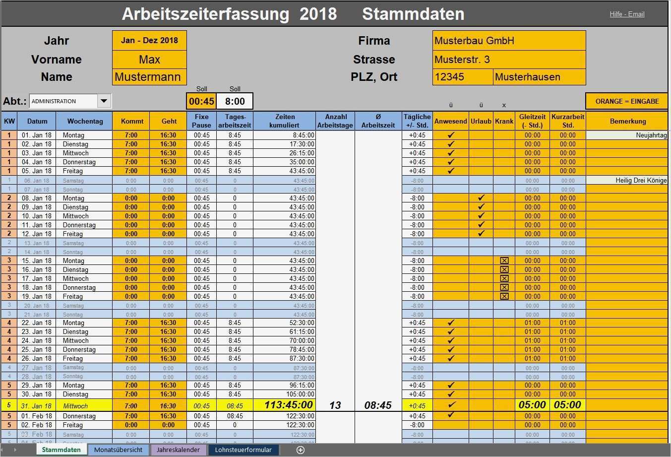 Vorlage Arbeitszeiterfassung Excel Fabelhaft Arbeitszeiterfassung 2018 Fixe Pause
