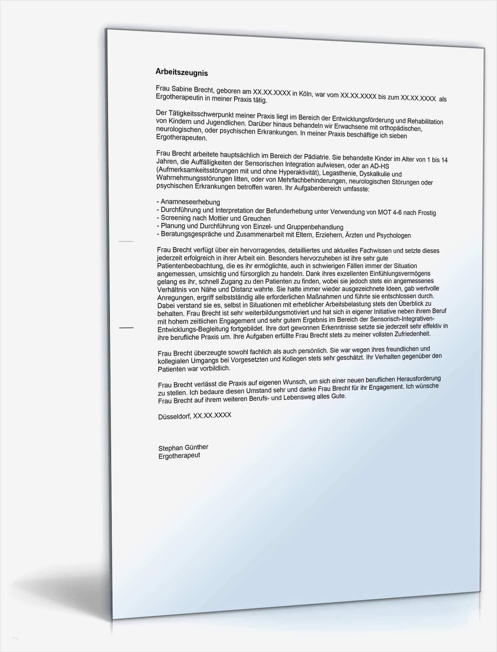 Vorlage Arbeitszeugnis Sehr Gut Angenehm Arbeitszeugnis Ergotherapeut Note Eins