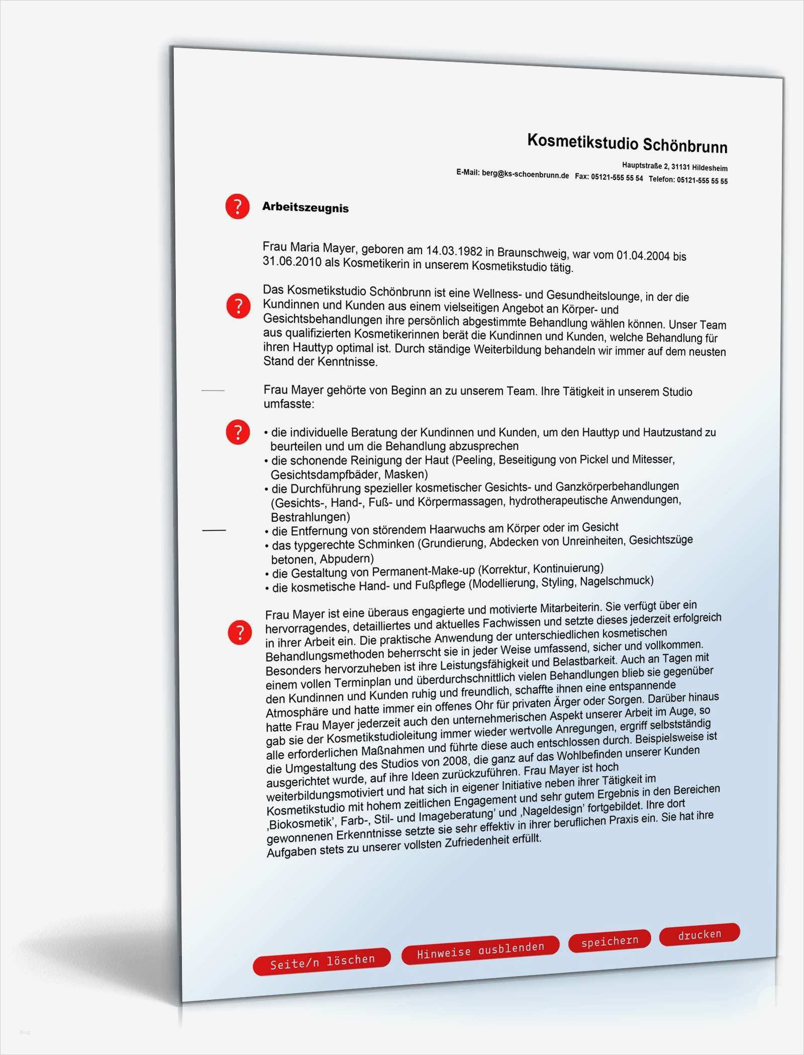 Vorlage Arbeitszeugnis Sehr Gut Elegant Arbeitszeugnis Kosmetikerin Note Eins
