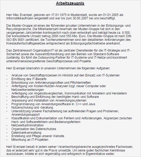 Vorlage Arbeitszeugnis Sehr Gut Erstaunlich Arbeitszeugnis Sehr Gut Informatikkaufmann Vorlage