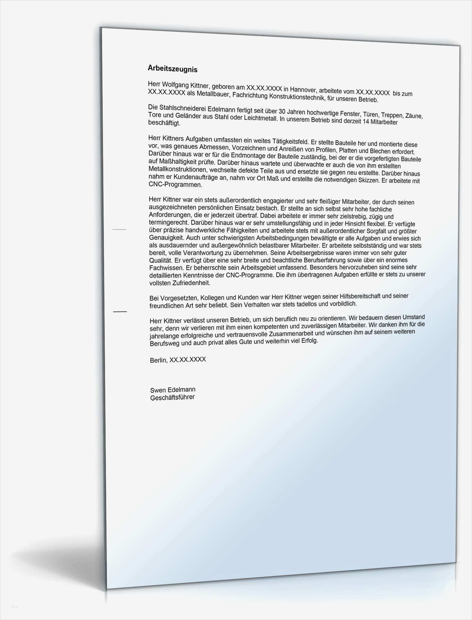 Vorlage Arbeitszeugnis Sehr Gut Fabelhaft Arbeitszeugnis Metallbauer Note Eins