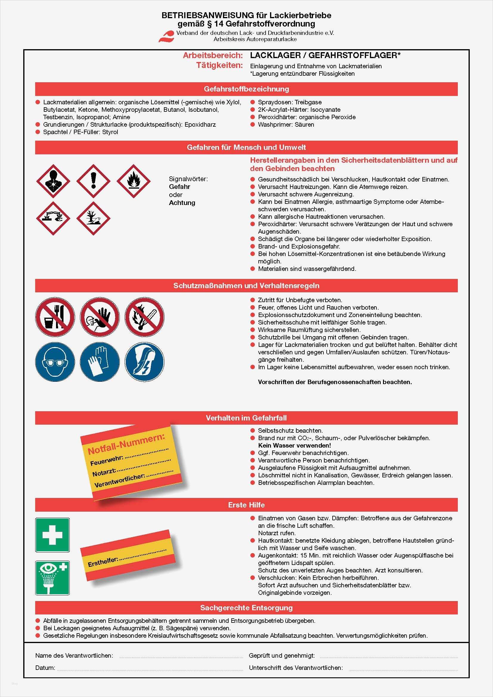 Vorlage Betriebsanweisung Gefahrstoffe Erstaunlich Betriebsanweisungen Für Lackierbetriebe Gemäß § 14
