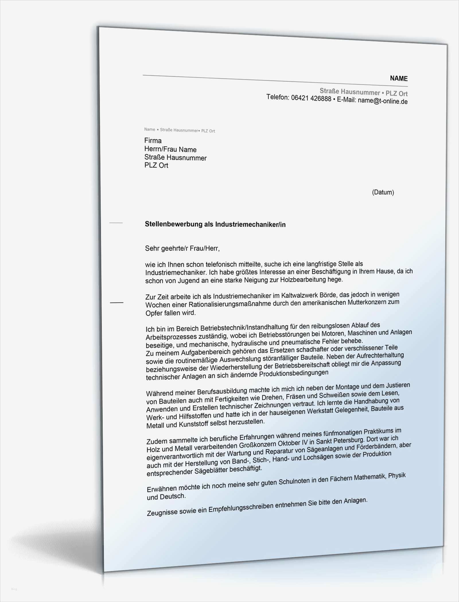 Vorlage Bewerbung Industriemechaniker Cool Anschreiben Bewerbung Industriemechaniker