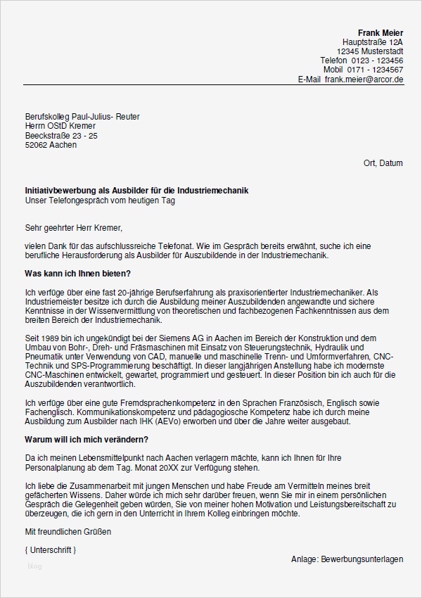 Vorlage Bewerbung Industriemechaniker Schön Bewerbung Ausbilder Für Industriemechaniker