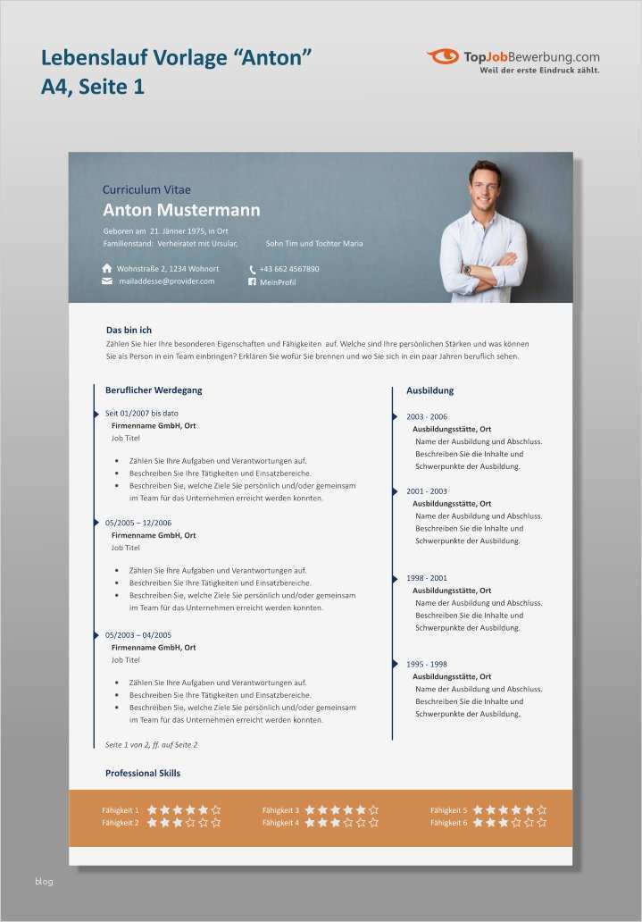 Vorlage Cv English Word Wunderbar Profi Lebenslauf Vorlage "anton" Mit Foto Header Inkl