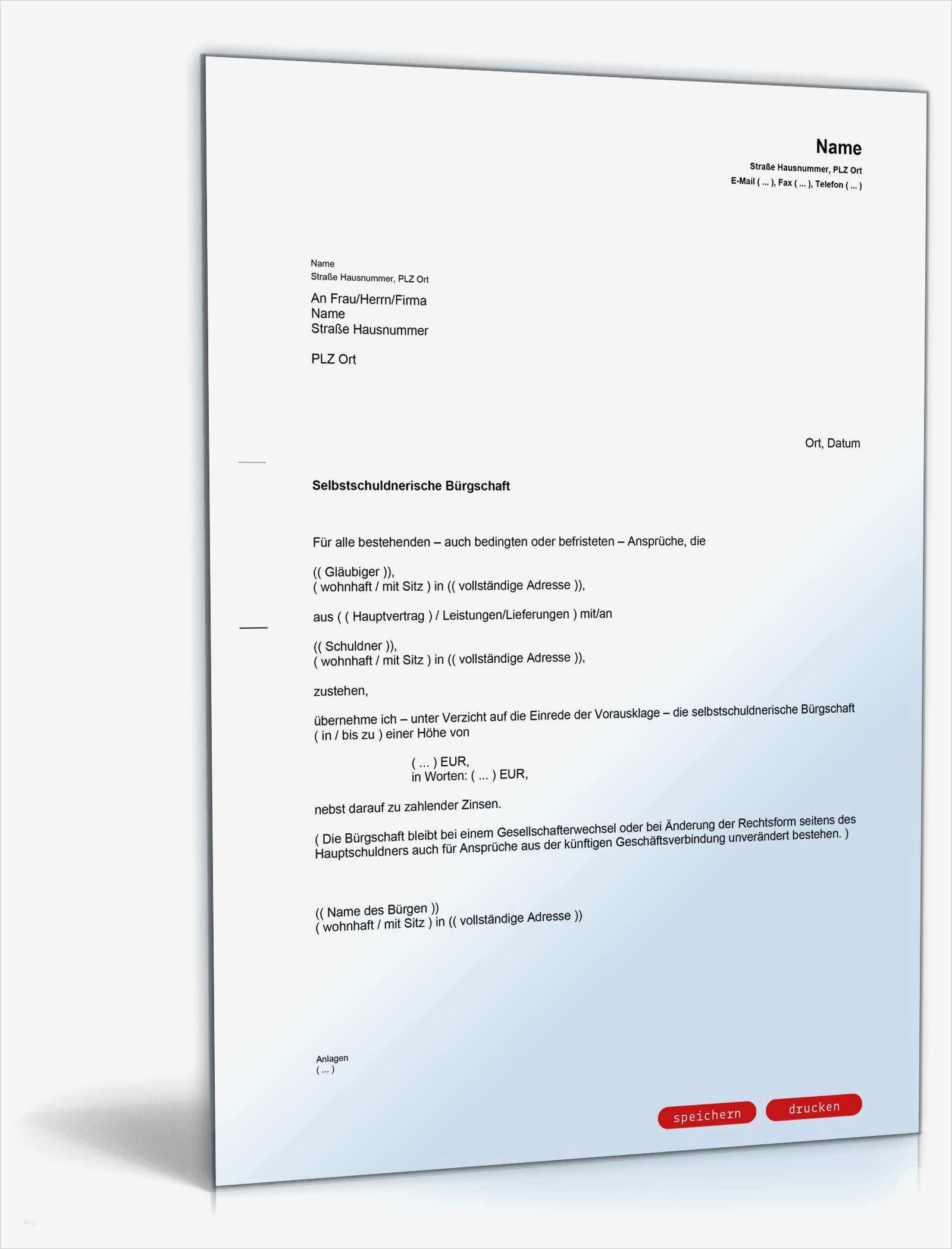 Vorlage Gefährdungsbeurteilung Kostenlos Bewundernswert Selbstschuldnerische Bürgschaft Als Brief Muster Vorlage