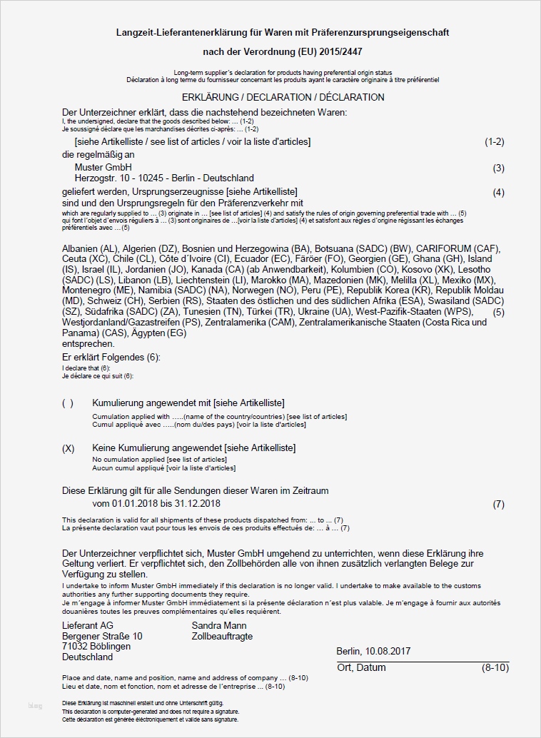 Vorlage Langzeitlieferantenerklärung 2018 Erstaunlich Langzeit Lieferantenerklärung Lle Muster [ Kostenlose