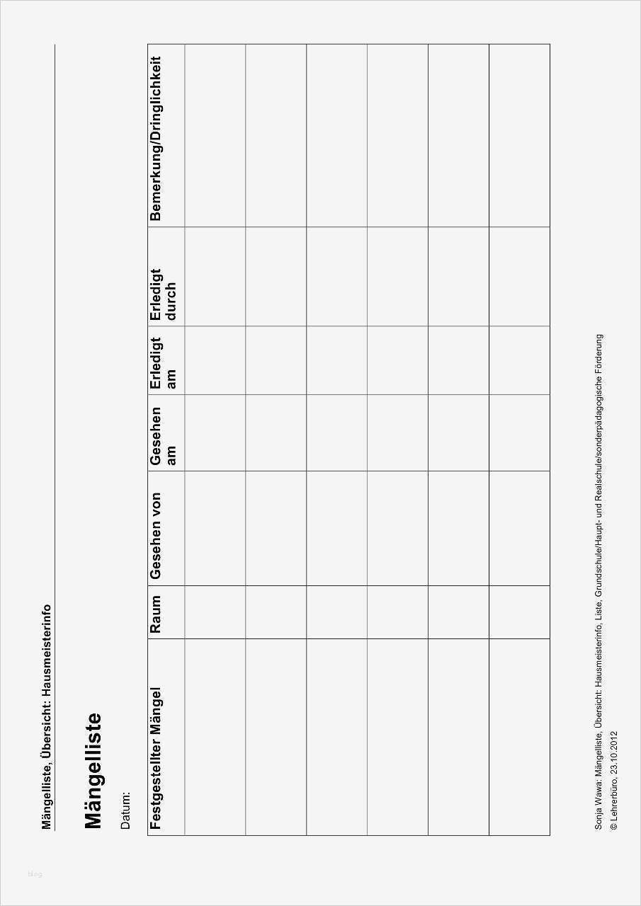 Vorlage Mängelliste Bauabnahme Schön Arbeitshilfen · Grundschule · Lehrerbüro