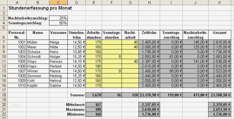 Vorlage Minijob Abrechnung Hübsch Einfache Berechnungen In Excel