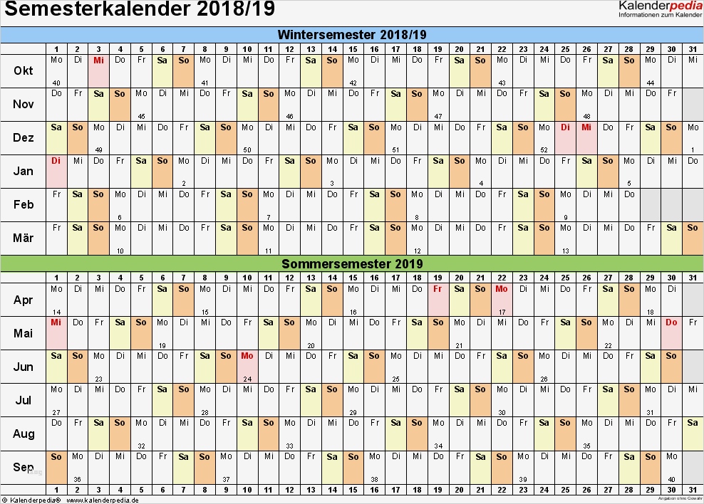 Vorlage Taschenkalender 2018 Schön Semesterkalender 2018 19 Für Pdf Zum Ausdrucken