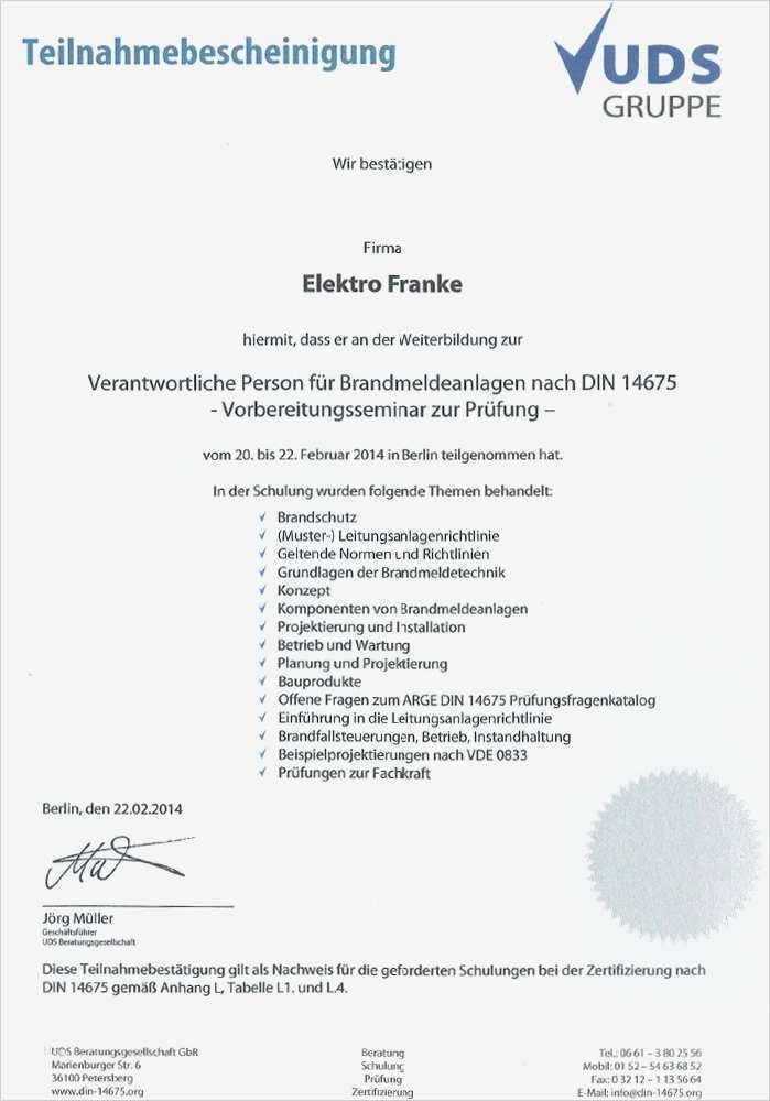 Vorlage Teilnahmebescheinigung Schulung Beste Elektroinstallationen – Elektro Franke Gmbh