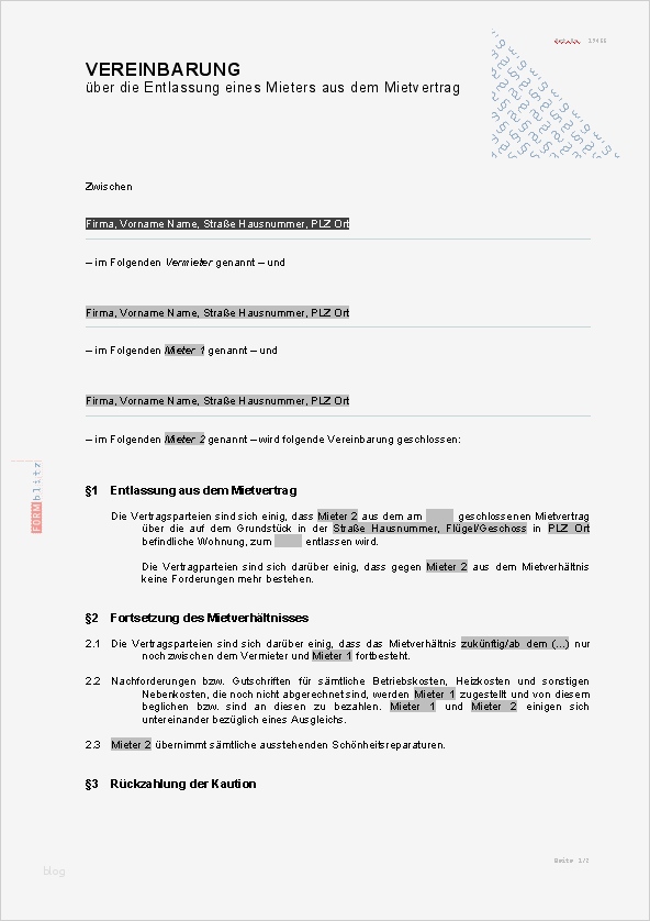 Wohnung Ablöse Vertrag Vorlage Luxus Entlassung Eines Mieters Aus Dem Mietvertrag Muster Zum