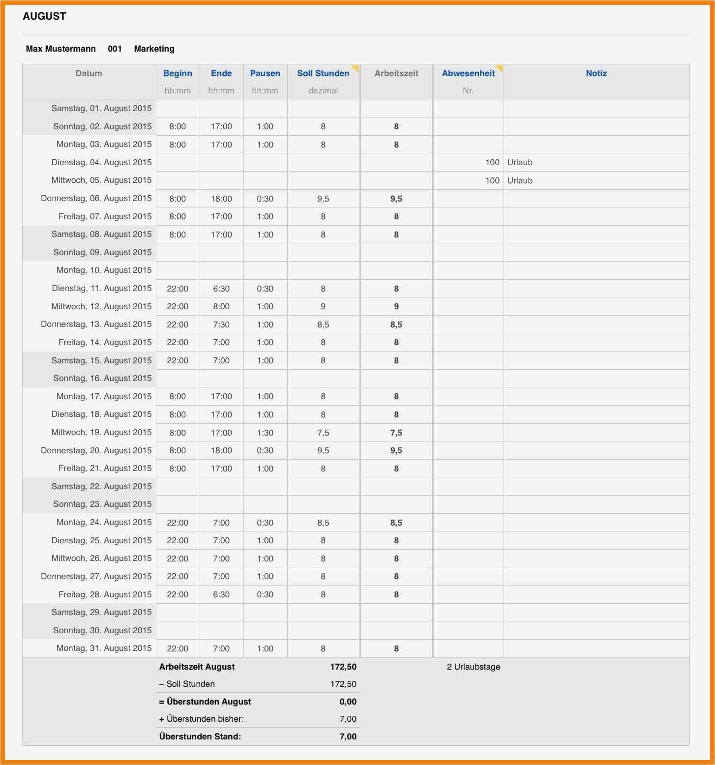 Zeiterfassung Numbers Vorlage Kostenlos Wunderbar 9 Tabelle Zeiterfassung