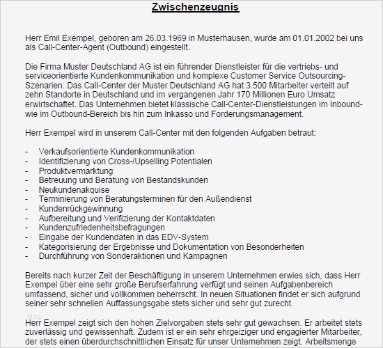 Zeugnis Vorlage Sehr Gut Beste Zwischenzeugnis Sehr Gut Call Center Agent Outbound