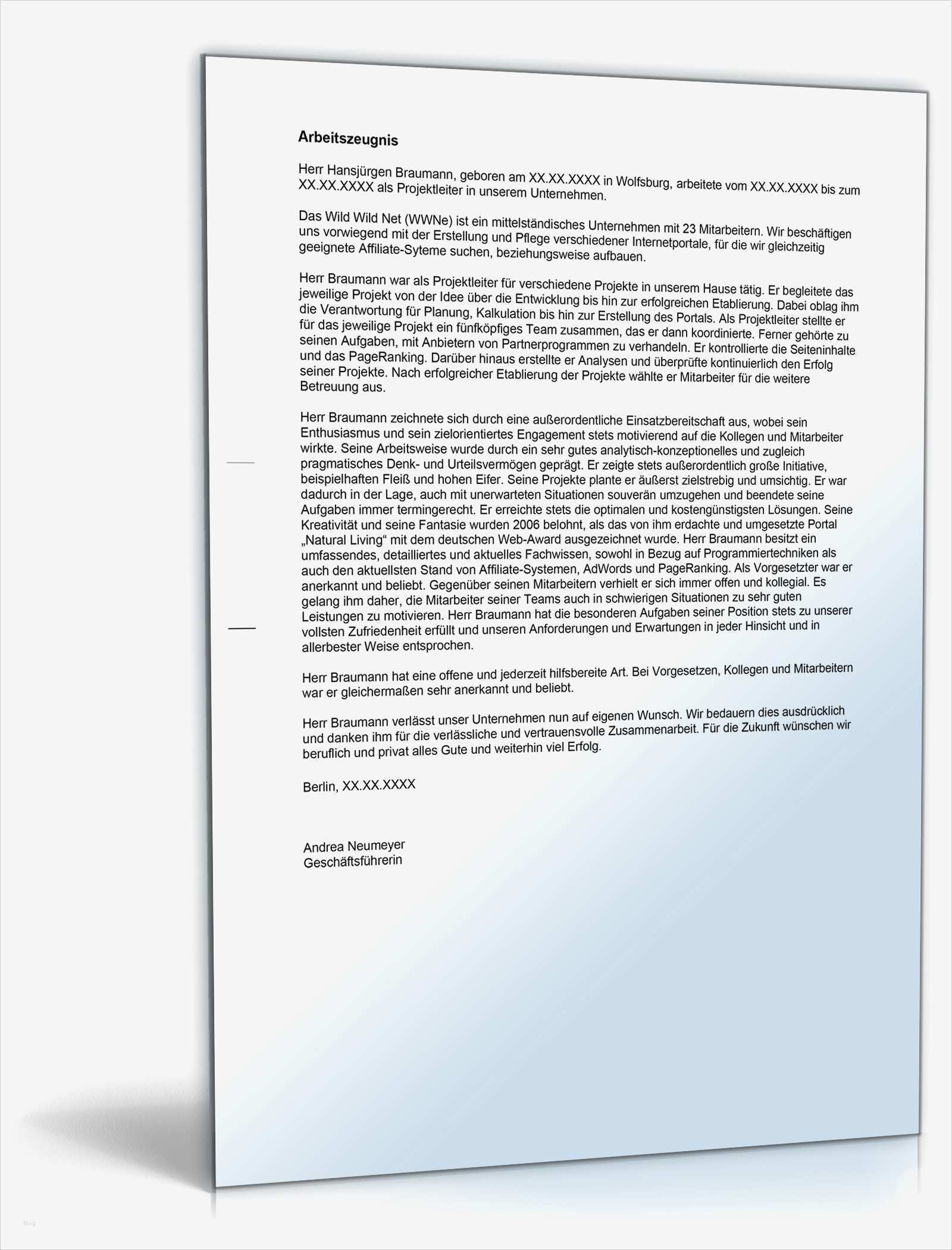 Zeugnis Vorlage Sehr Gut Neu Arbeitszeugnis "sehr Gut" Projektleiter In