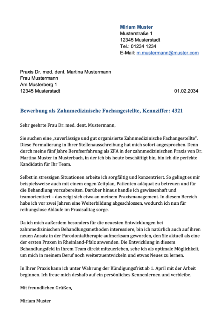 Bewerbung Zahnarzthelferin Muster: Erfolgreich bewerben mit professionellen Vorlagen 1 Screenshot Anschreiben Zahnmedizinische Fachangestellte 1 768x1111 2