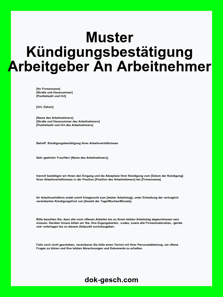muster kundigungsbestatigung arbeitgeber an arbeitnehmer pdf