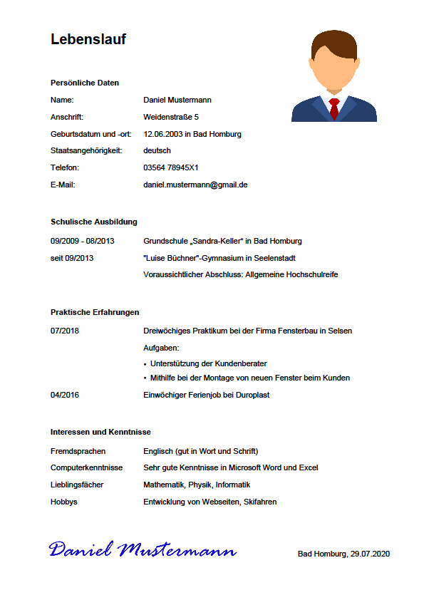 schuelerpraktikum lebenslauf muster